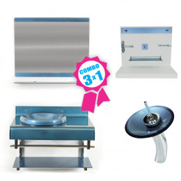 GABINETE DE VIDRO 70CM CURVADO DUPLO FULL INOX + TORNEIRA MONOCOMANDO + KIT RETO AZUL
