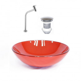 CUBA DE VIDRO REDONDA 42CM VERMELHO FERRARI + VALVULA + TORNEIRA CROMADA