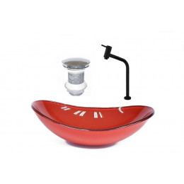 CUBA DE VIDRO OVAL 55CM VERMELHO FERRARI + VALVULA + TORNEIRA PRETA