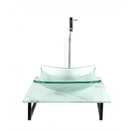 KIT CUBA DE VIDRO QUADRADA 10MM INCOLOR COM TAMPO DE VIDRO 40CM X 40CM MÁRMORE BRANCO E SUPORTE TORNEIRA VALVULA