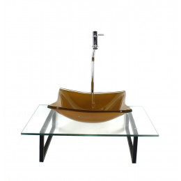 KIT CUBA DE VIDRO QUADRADA DOURADO REAL COM TAMPO 60CM INCOLOR E SUPORTE TORNEIRA VALVULA