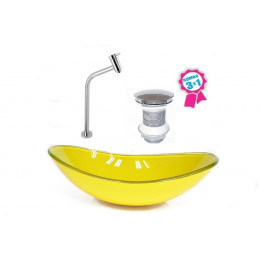 CUBA DE VIDRO OVAL 55CM AMARELA + VALVULA CLICK + TORNEIRA METAL