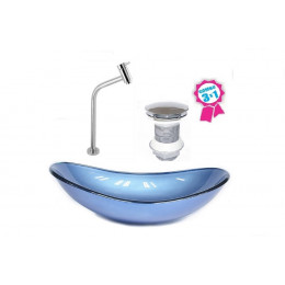 CUBA DE VIDRO OVAL 55CM AZUL + VALVULA CLICK + TORNEIRA METAL
