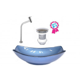 CUBA DE VIDRO OVAL CHANFRADA 46CM AZUL + VALVULA + TORNEIRA
