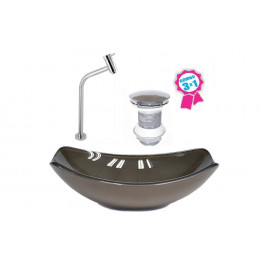 CUBA DE VIDRO OVAL CHANFRADA 46CM MARROM + VALVULA + TORNEIRA