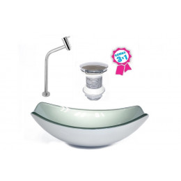 CUBA DE VIDRO OVAL CHANFRADA 46CM PRATA + VALVULA + TORNEIRA