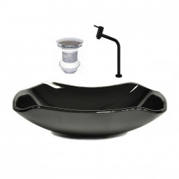 CUBA DE VIDRO ABAULADA 51CM PRETO + VALVULA + TORNEIRA PRETA