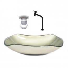 CUBA DE VIDRO ABAULADA 51CM CHAMPANHE + VALVULA + TORNEIRA PRETA