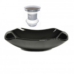 CUBA DE VIDRO ABAULADA 51CM PRETO + VALVULA CLICK