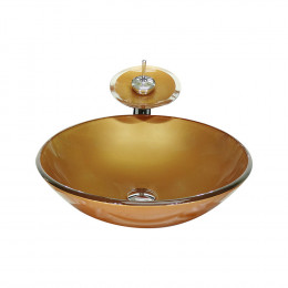 CUBA DE VIDRO REDONDA 31CM  DOURADO REAL + VALVULA + TORNEIRA CASCATA