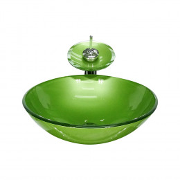 CUBA DE VIDRO REDONDA 42CM VERDE OLIVA + VALVULA + TORNEIRA CASCATA