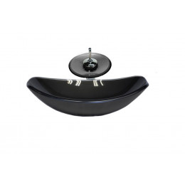 CUBA DE VIDRO OVAL CHANFRADA 46CM GRAFITE + VALVULA + TORNEIRA CASCATA