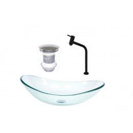CUBA DE VIDRO OVAL 47CM JATEADA + VALVULA + TORNEIRA  PRETA