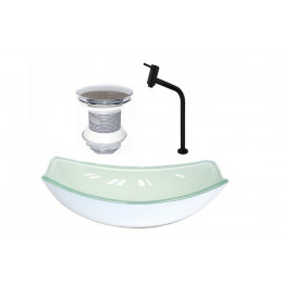 CUBA DE VIDRO OVAL CHANFRADA 46CM BRANCA + VALVULA + TORNEIRA METAL PRETA