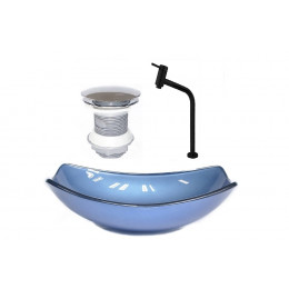 CUBA DE VIDRO OVAL CHANFRADA 46CM AZUL + VALVULA + TORNEIRA METAL PRETA
