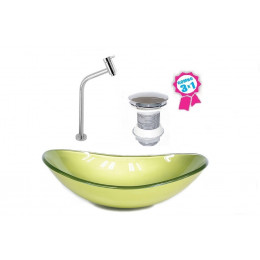 CUBA DE VIDRO OVAL 47CM VERDE OLIVA + VÁLVULA CLICK + TORNEIRA DE METAL