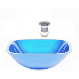 CUBA DE VIDRO QUADRADA 35CM AZUL + VALVULA CLICK