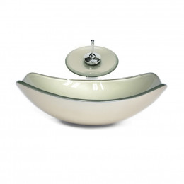 CUBA DE VIDRO OVAL CHANFRADA 51CM CHAMPANHE + VALVULA + TORNEIRA CASCATA