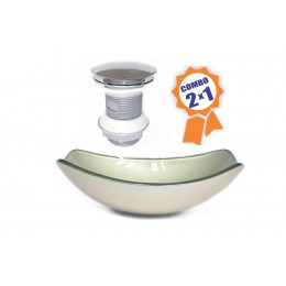 CUBA DE VIDRO OVAL CHANFRADA 51CM CHAMPANHE + VALVULA CLICK