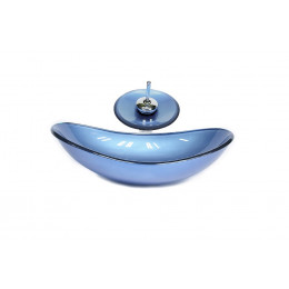 CUBA DE VIDRO OVAL 55CM AZUL + VALVULA + TORNEIRA CASCATA