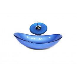 CUBA DE VIDRO OVAL 55CM AZUL ESCURO + VALVULA + TORNEIRA CASCATA
