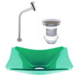CUBA DE VIDRO RETANGULAR CHANFRADA 37CM VERDE + VÁLVULA CLICK + TORNEIRA