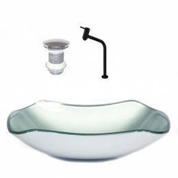 CUBA DE VIDRO ABAULADA 45CM PRATA + VALVULA + TORNEIRA PRETA