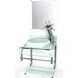 GABINETE DE VIDRO 40CM PARA BANHEIRO CURVADO DUPLO INOX CUBA CHAPÉU COM TORNEIRA CASCATA  BRANCO