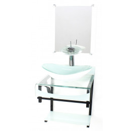 GABINETE DE VIDRO 40CM PARA BANHEIRO CURVADO DUPLO PP CUBA OVAL COM TORNEIRA CASCATA BRANCO