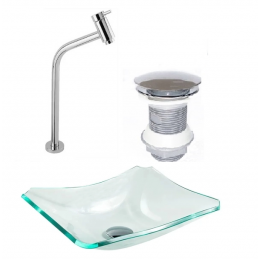 CUBA DE VIDRO RETANGULAR CHANFRADA 37CM JATEADA + VÁLVULA CLICK + TORNEIRA
